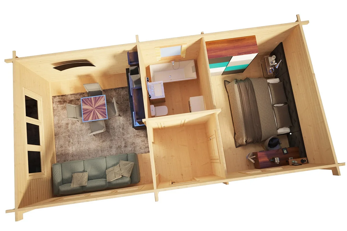 Blockhaus mit einem Schlafzimmer “Holiday I” 9x5m aus Holz, 9 × 5 m