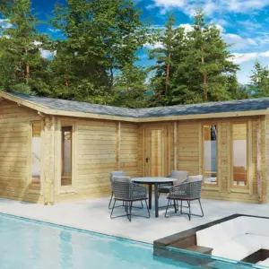 Eck-Blockhaus mit zwei Schlafzimmern “Devon 2” 8x8m, 8 × 8 m