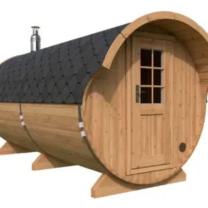 Große Fasssauna mit Vordach 4x2m aus Holz, 4 × 2 m