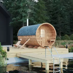 Große Fasssauna mit Terrasse 4x2m aus Holz, 4 × 2 m