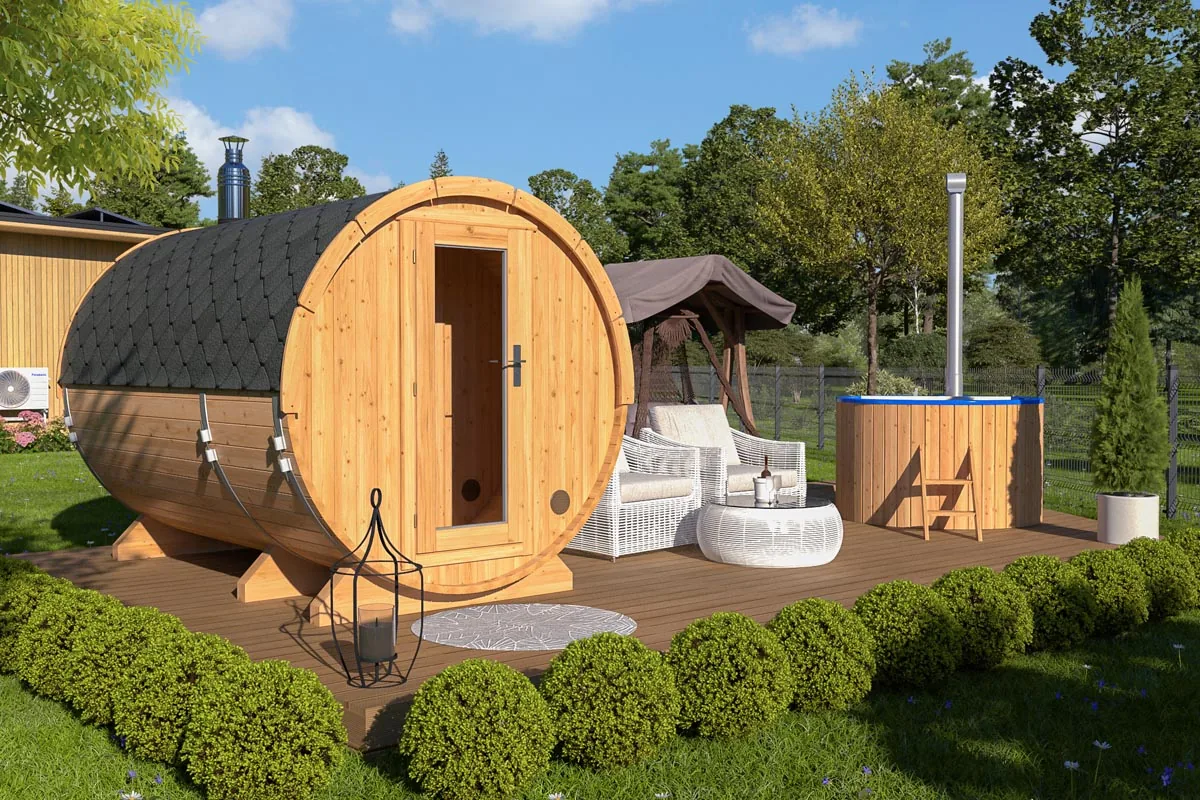 Fasssauna „Standard“ 2x3m aus Holz, 2 × 3 m
