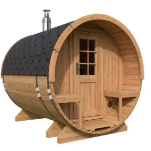 Kleine Fasssauna mit Terrasse 2x3m aus Holz, 2 × 3 m