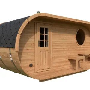 Ovale Fasssauna aus Holz, 5 × 2,5 m